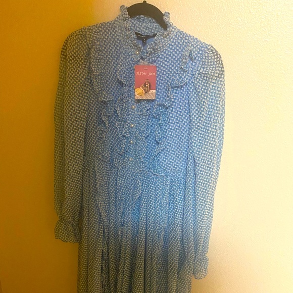 Sister Jane ruffled blue dress with pearl buttons! New never worn! MIDI length! - Picture 4 of 4
